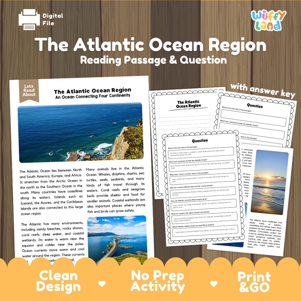 The Atlantic Ocean Region reading comprehension passage and questions printable activity pack with answer key for elementary students