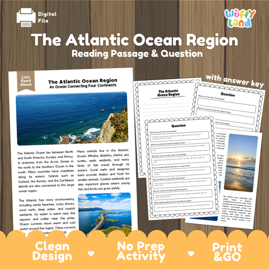 The Atlantic Ocean Region reading comprehension passage and questions printable activity pack with answer key for elementary students