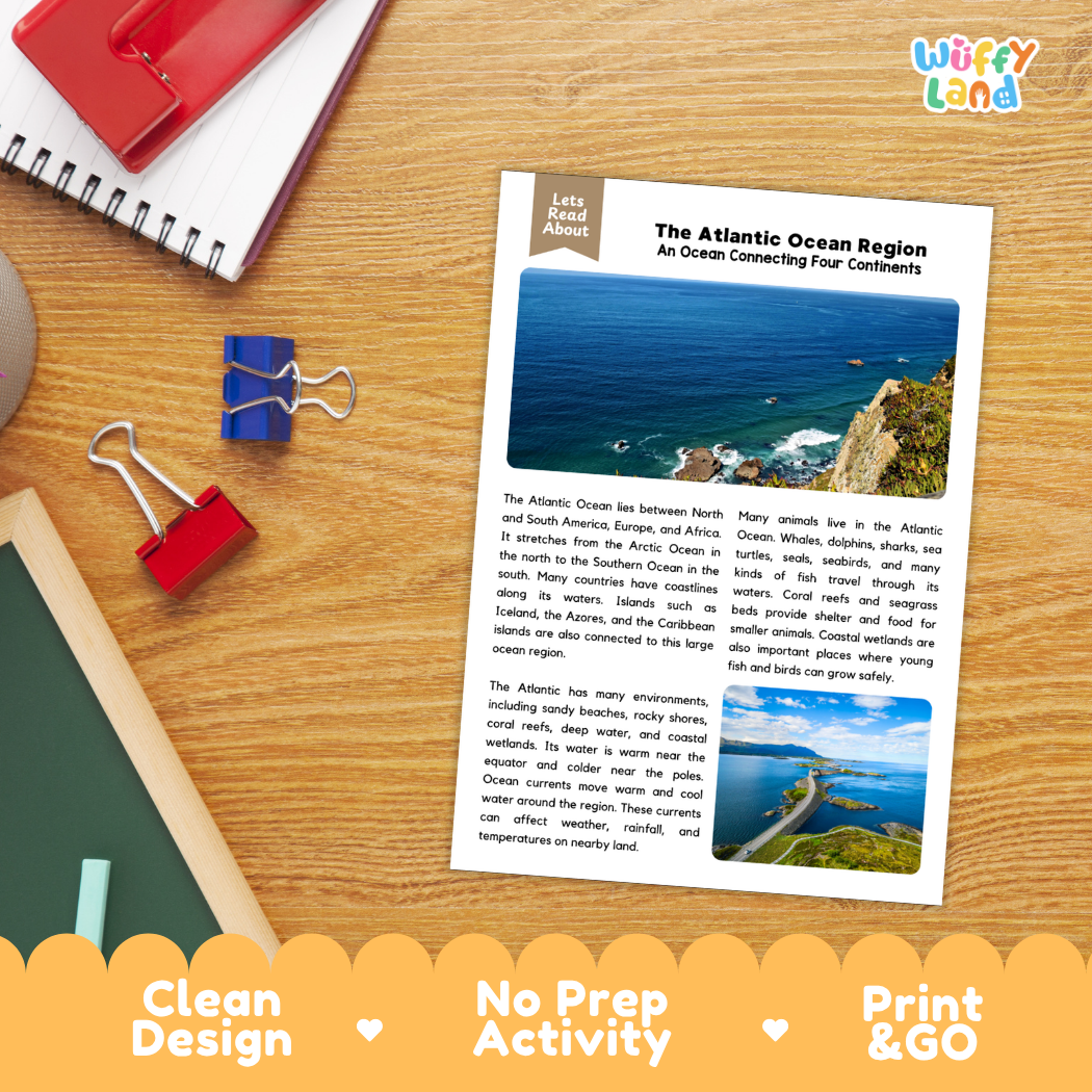 Student reading comprehension worksheet with short-answer questions and lined sections about the Atlantic Ocean region