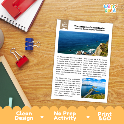 Student reading comprehension worksheet with short-answer questions and lined sections about the Atlantic Ocean region
