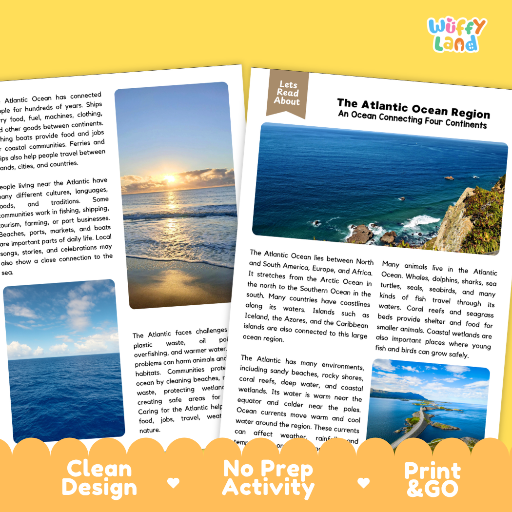 Teacher answer key page showing complete question solutions for The Atlantic Ocean Region world geography reading comprehension practice