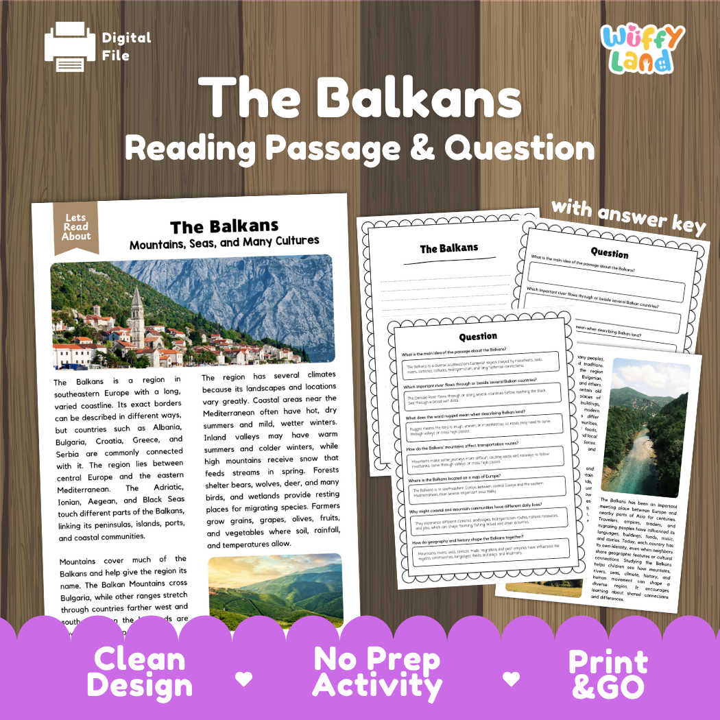 The Balkans reading comprehension passage and questions printable activity pack with answer key for elementary students