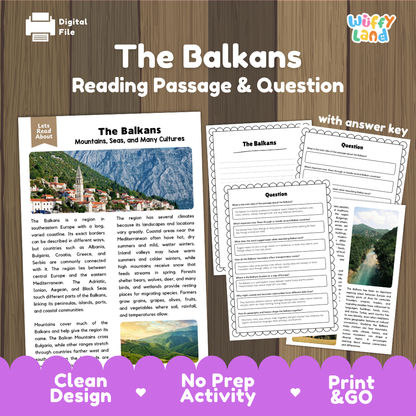 The Balkans reading comprehension passage and questions printable activity pack with answer key for elementary students