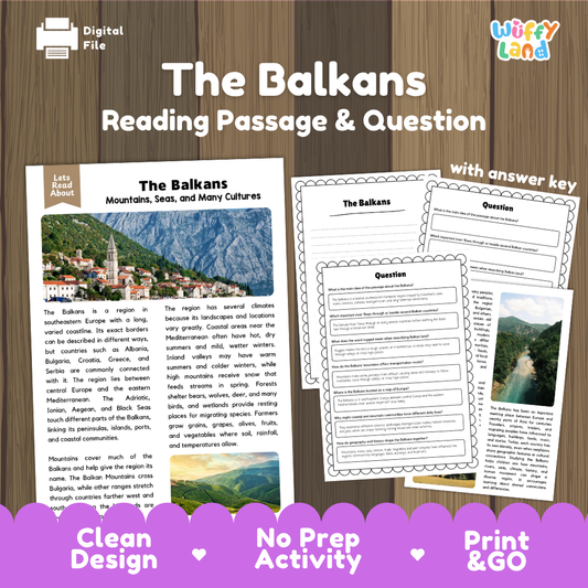 The Balkans reading comprehension passage and questions printable activity pack with answer key for elementary students