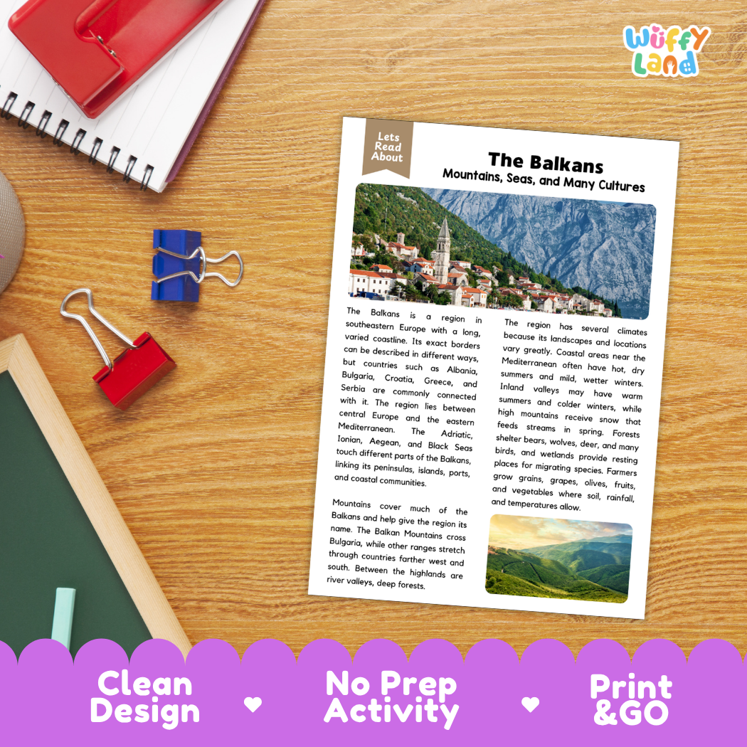 Student reading comprehension worksheet with short-answer questions and lined sections about the Balkan region