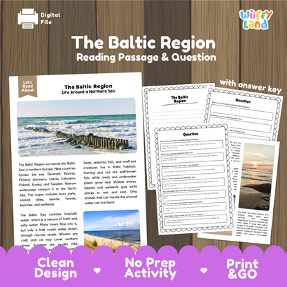 The Baltic Region reading comprehension passage and questions printable activity pack with answer key for elementary students