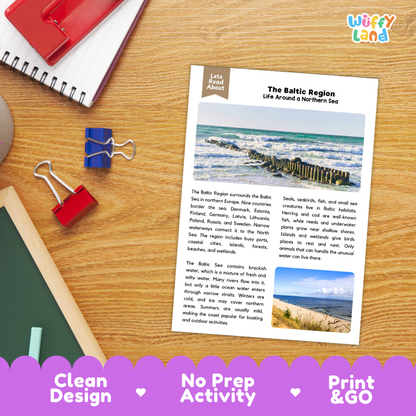 Student reading comprehension worksheet with short-answer questions and lined sections about the Baltic region