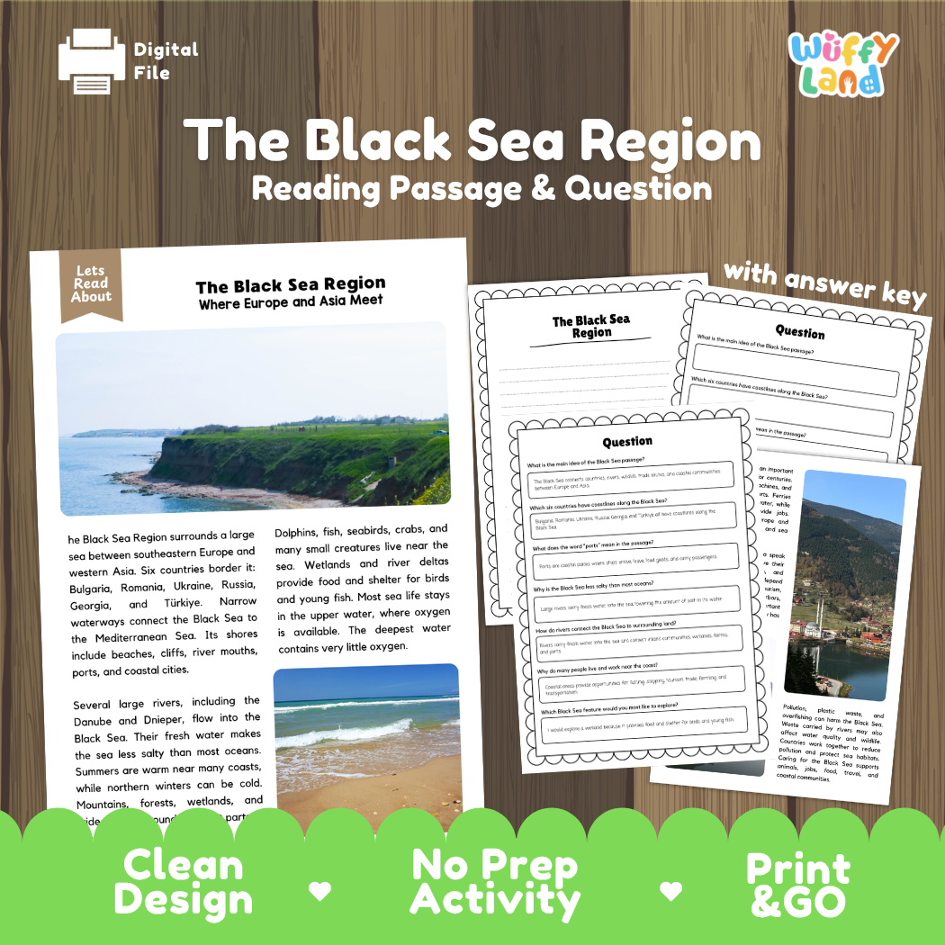 The Black Sea Region reading comprehension passage and questions printable activity pack with answer key for elementary students