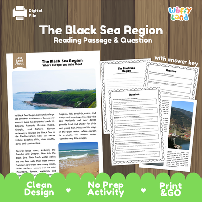The Black Sea Region reading comprehension passage and questions printable activity pack with answer key for elementary students