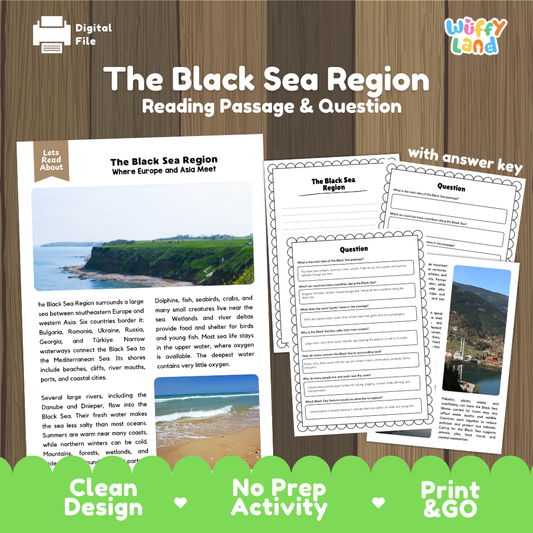 The Black Sea Region reading comprehension passage and questions printable activity pack with answer key for elementary students