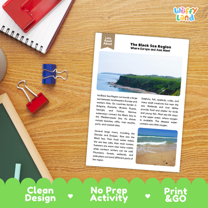 Student reading comprehension worksheet with short-answer questions and lined sections about the Black Sea region
