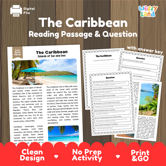 The Caribbean reading comprehension passage and questions printable activity pack with answer key for elementary students