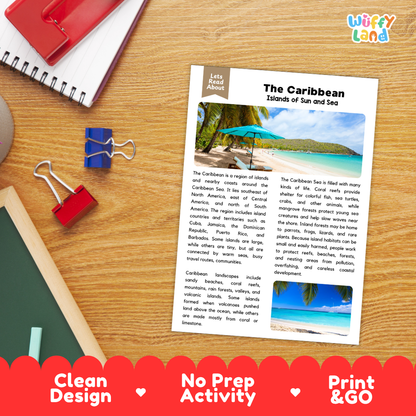 Student reading comprehension worksheet with short-answer questions and lined sections about the Caribbean region