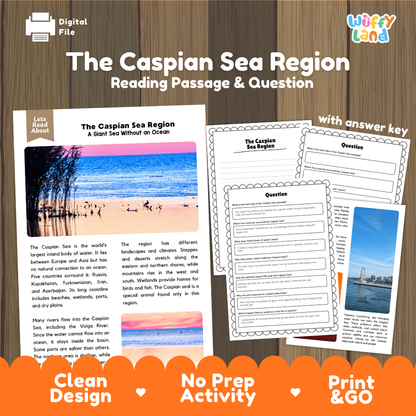 The Caspian Sea Region reading comprehension passage and questions printable activity pack with answer key for elementary students