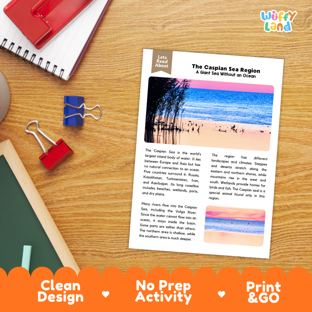 Student reading comprehension worksheet with short-answer questions and lined sections about the Caspian Sea region