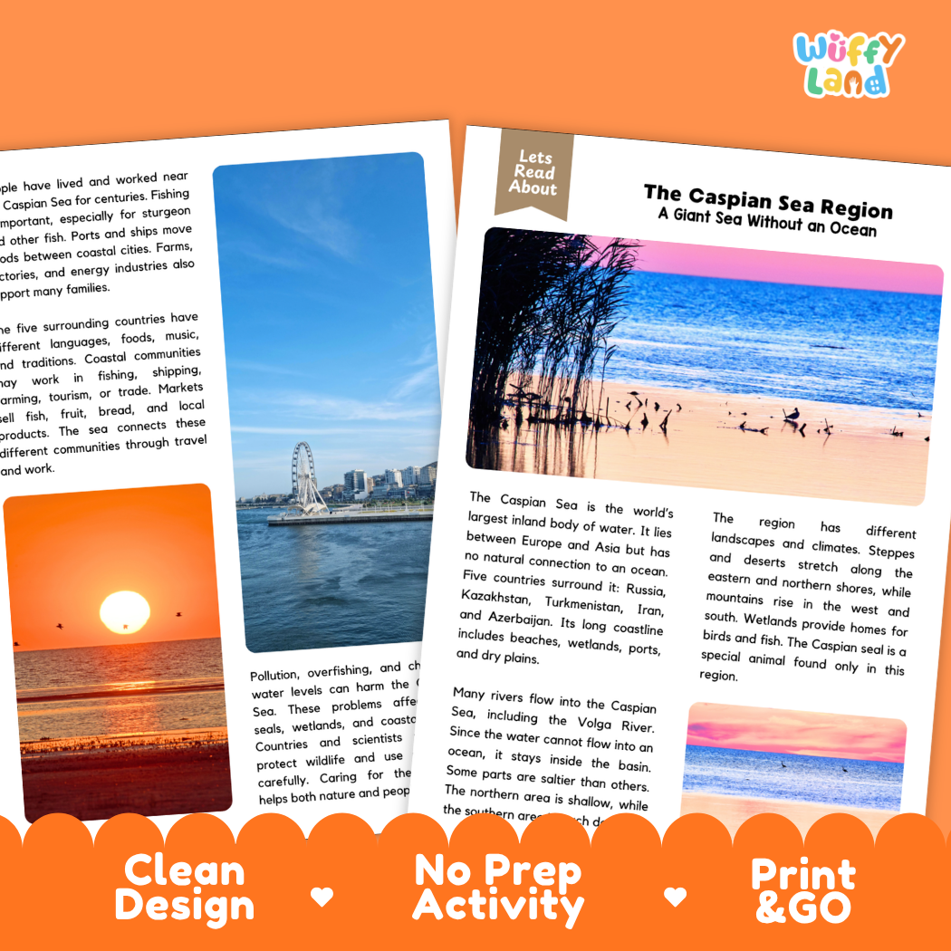 Teacher answer key page showing complete question solutions for The Caspian Sea Region world geography reading comprehension practice