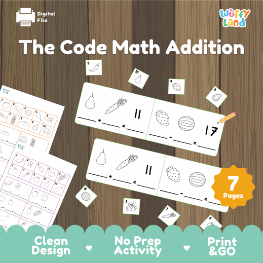 The code math addition 7-page printable secret code worksheet bundle overview from Wuffy Land featuring fruit and vegetable symbol math equations