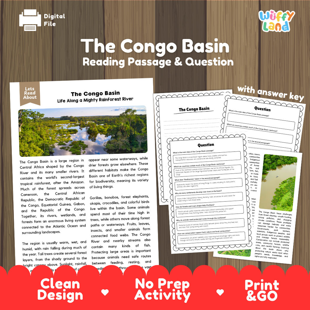 The Congo Basin reading comprehension passage and questions printable activity pack with answer key for elementary students