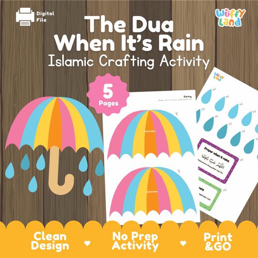 The dua when it's rain Islamic crafting activity printable umbrella and raindrops pack overview from Wuffy Land featuring 5 pages 🌧️☔