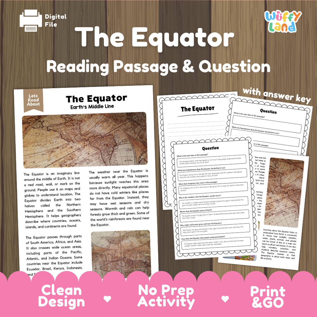 The Equator reading comprehension passage and questions printable activity pack with answer key for elementary students