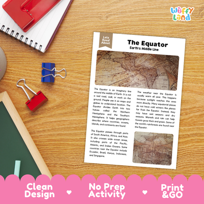 Student reading comprehension worksheet with short-answer questions and lined sections about the Equator