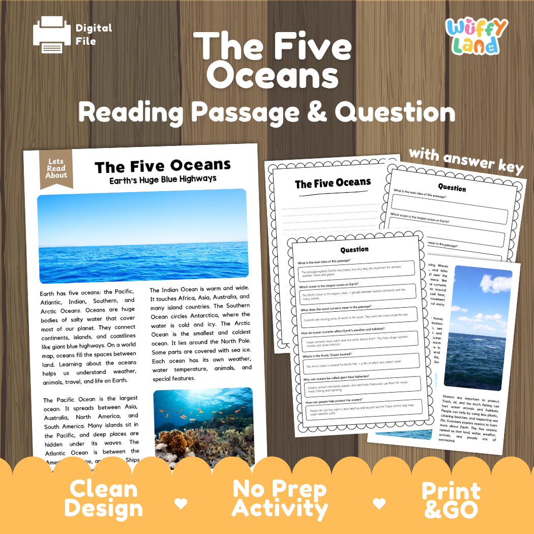 The five oceans reading comprehension passage and questions printable activity pack with answer key for elementary students