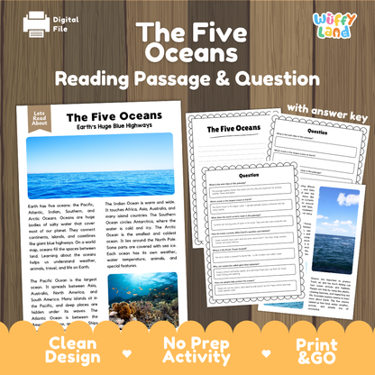 The five oceans reading comprehension passage and questions printable activity pack with answer key for elementary students