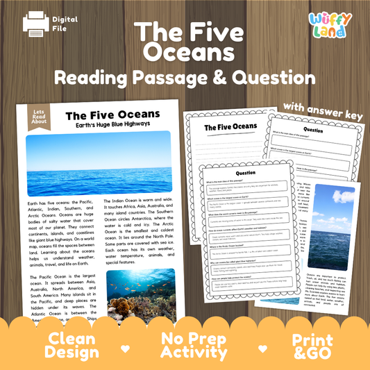 The five oceans reading comprehension passage and questions printable activity pack with answer key for elementary students