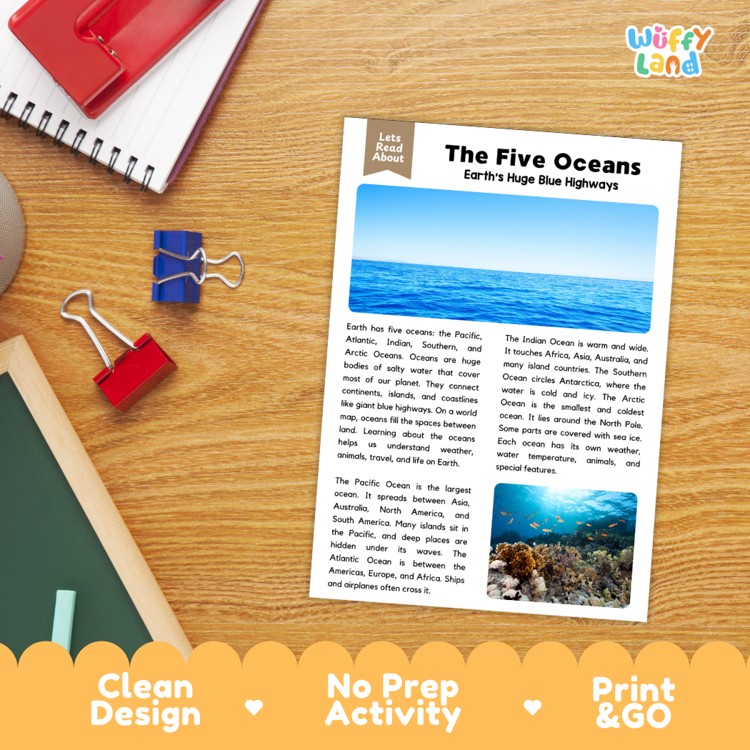 Student reading comprehension worksheet with short-answer questions and lined sections about the five oceans