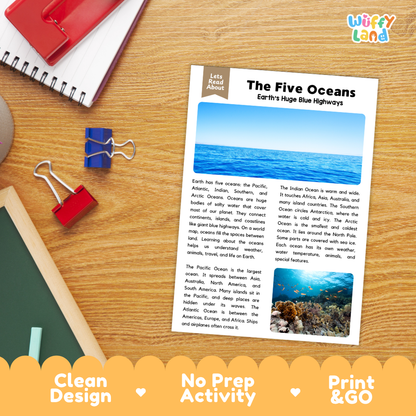 Student reading comprehension worksheet with short-answer questions and lined sections about the five oceans