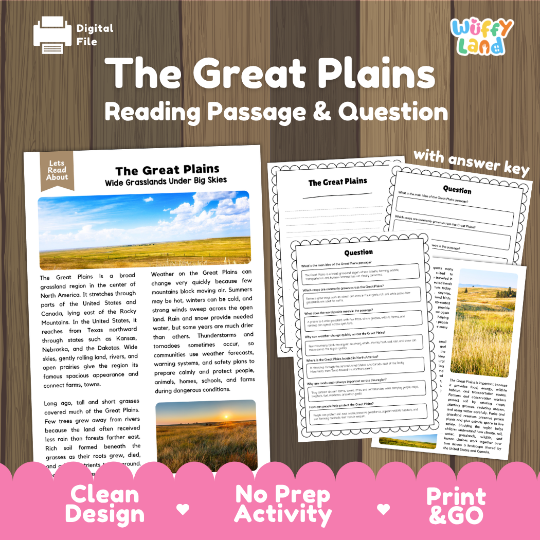 The Great Plains reading comprehension passage and questions printable activity pack with answer key for elementary students