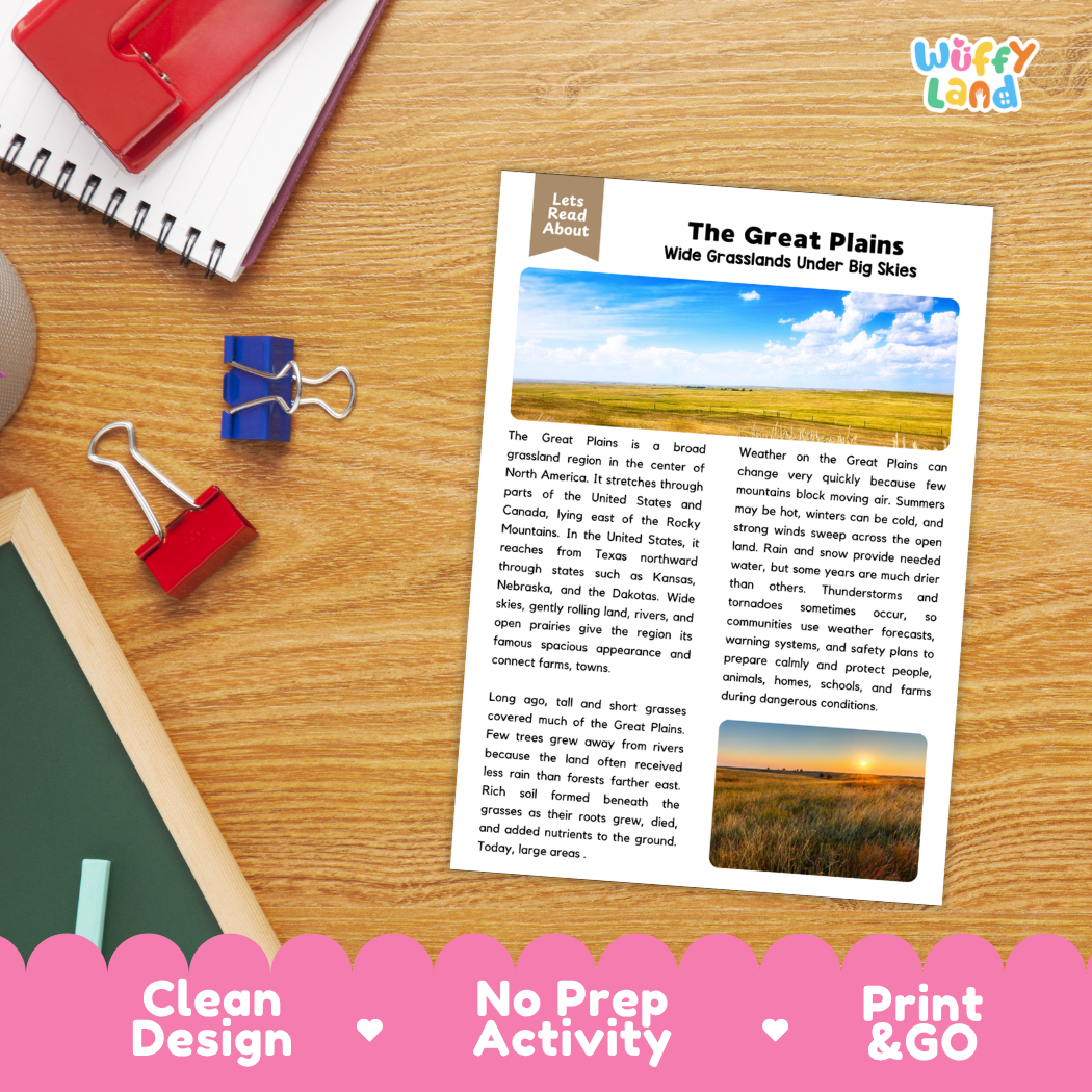 Student reading comprehension worksheet with short-answer questions and lined sections about the Great Plains