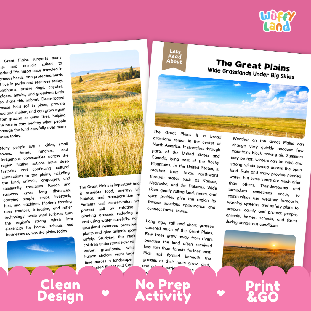 Teacher answer key page showing complete question solutions for The Great Plains geography and Earth science reading comprehension practice
