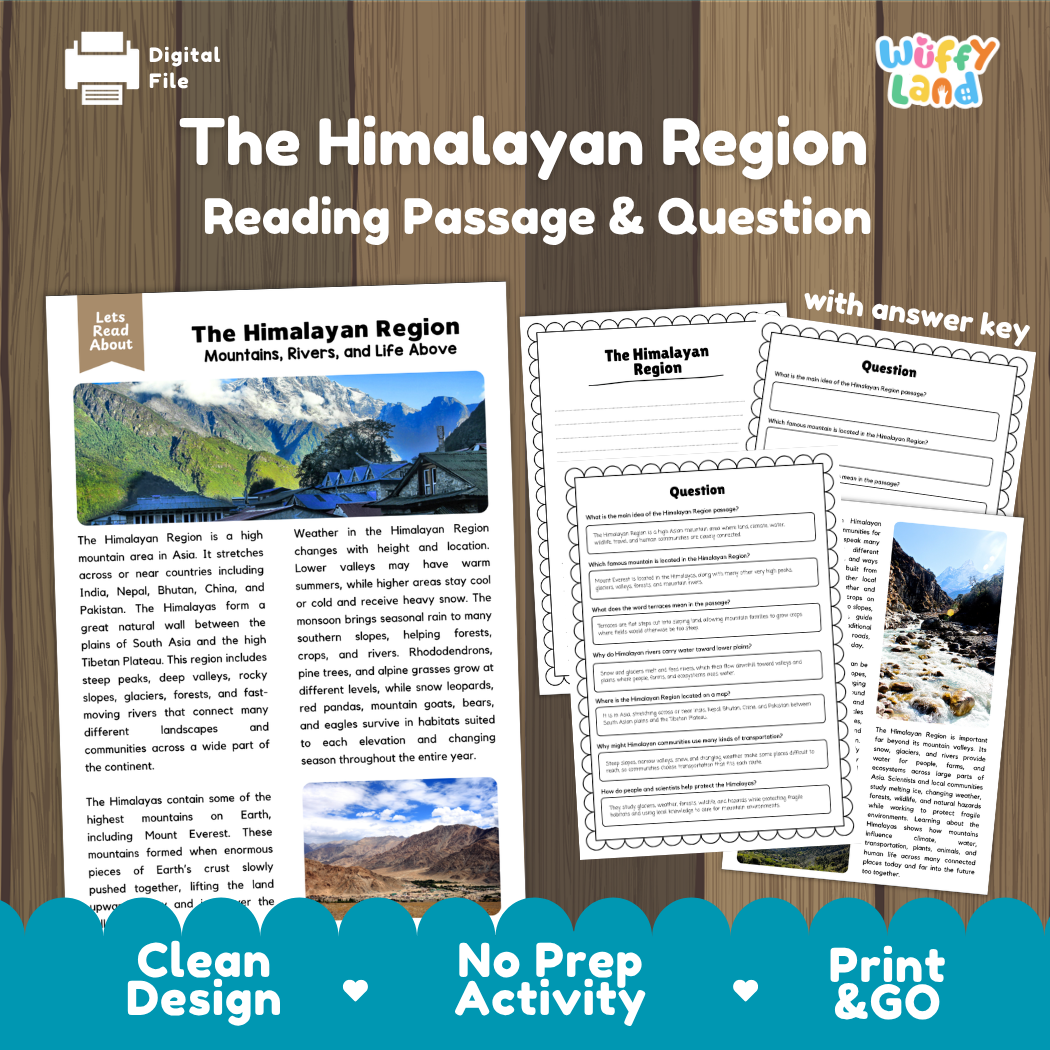 The Himalayan Region reading comprehension passage and questions printable activity pack with answer key for elementary students
