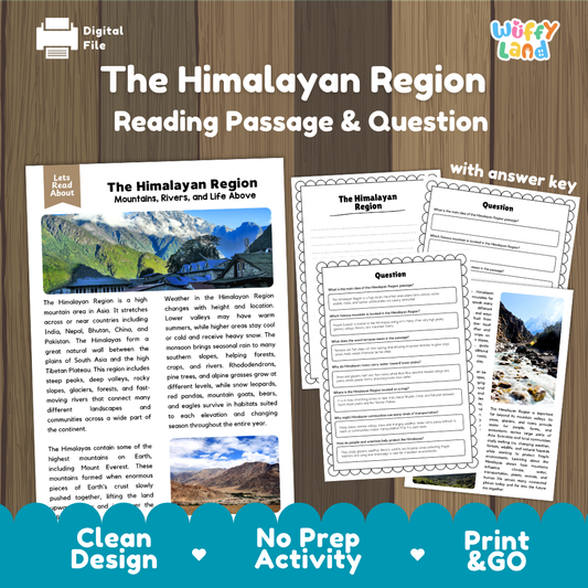 The Himalayan Region reading comprehension passage and questions printable activity pack with answer key for elementary students