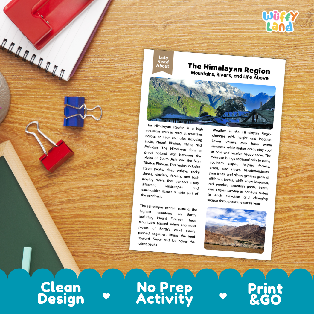 Student reading comprehension worksheet with short-answer questions and lined sections about the Himalayan region