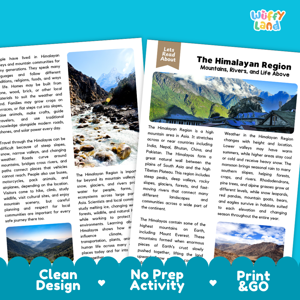 Teacher answer key page showing complete question solutions for The Himalayan Region geography and Earth science reading comprehension practice