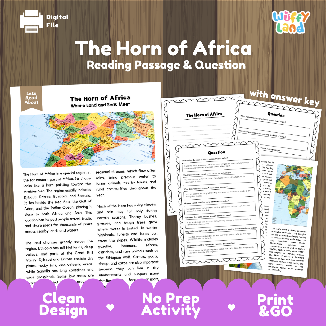 The Horn of Africa reading comprehension passage and questions printable activity pack with answer key for elementary students