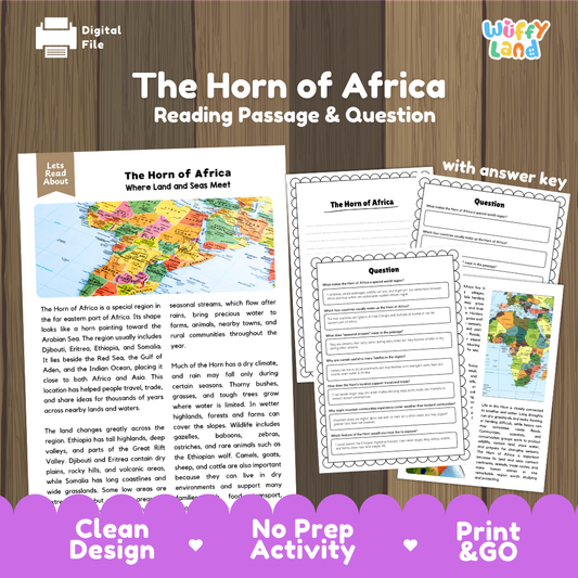 The Horn of Africa reading comprehension passage and questions printable activity pack with answer key for elementary students