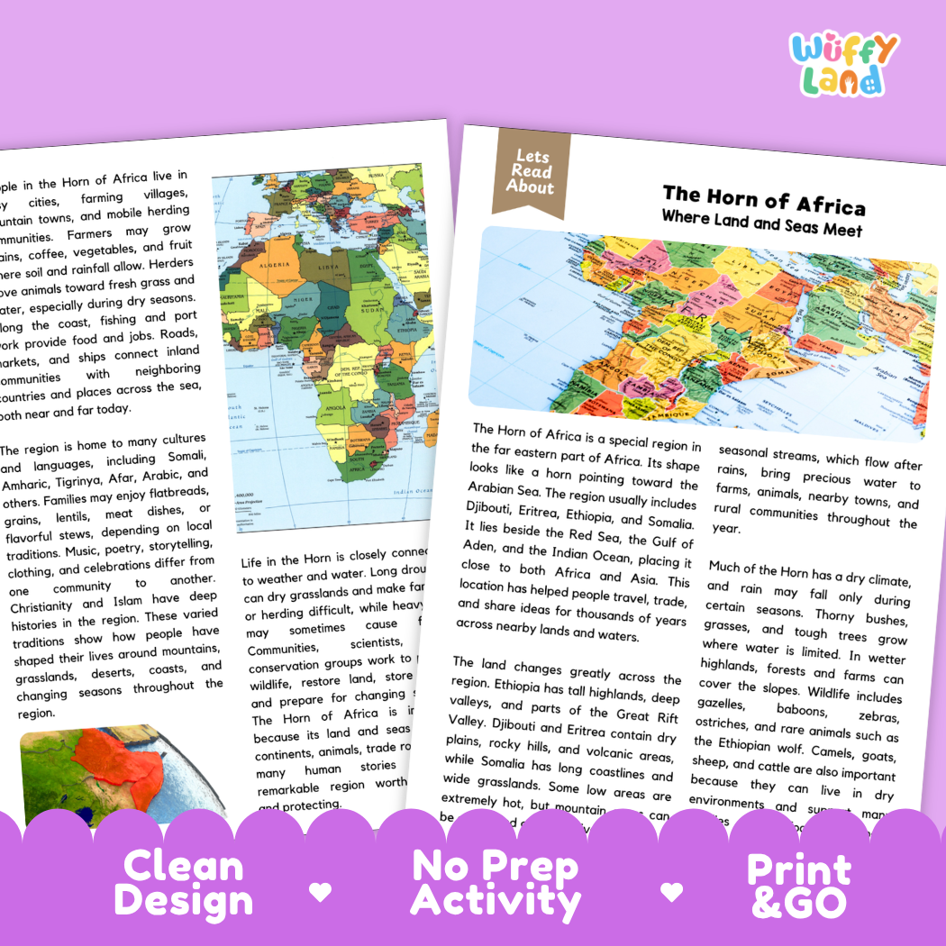 Teacher answer key page showing complete question solutions for The Horn of Africa world geography reading comprehension practice