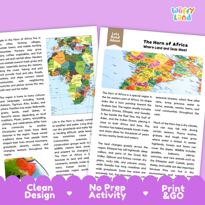 Teacher answer key page showing complete question solutions for The Horn of Africa world geography reading comprehension practice