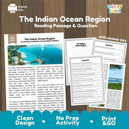 The Indian Ocean Region reading comprehension passage and questions printable activity pack with answer key for elementary students