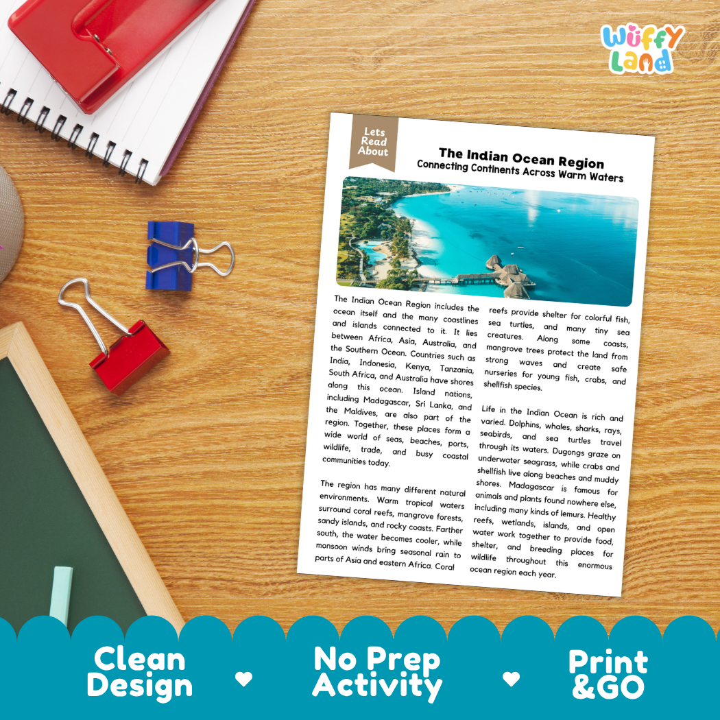 Student reading comprehension worksheet with short-answer questions and lined sections about the Indian Ocean region