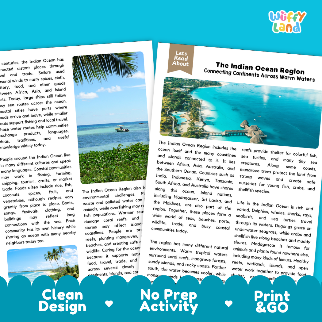 Teacher answer key page showing complete question solutions for The Indian Ocean Region world geography reading comprehension practice