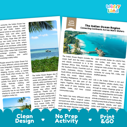 Teacher answer key page showing complete question solutions for The Indian Ocean Region world geography reading comprehension practice