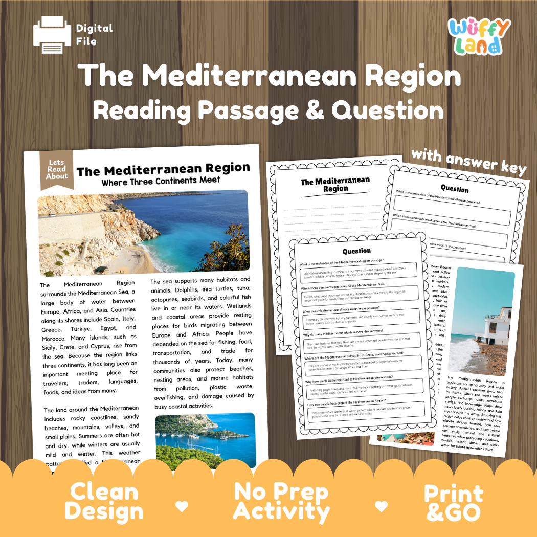 The Mediterranean Region reading comprehension passage and questions printable activity pack with answer key for elementary students