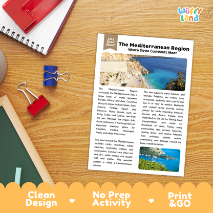 Student reading comprehension worksheet with short-answer questions and lined sections about the Mediterranean region
