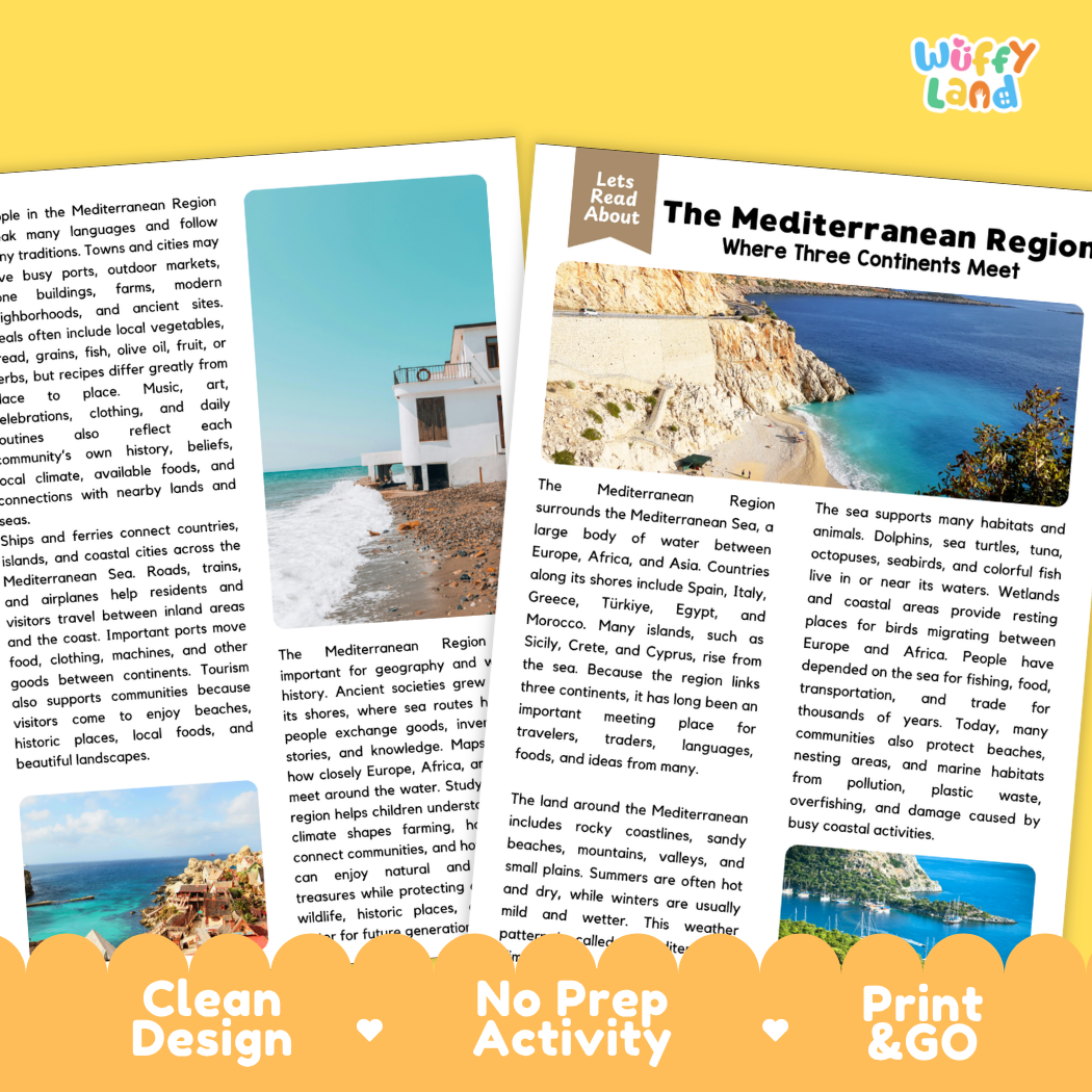 Teacher answer key page showing complete question solutions for The Mediterranean Region world geography and marine science reading comprehension practice