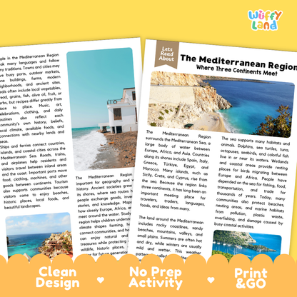 Teacher answer key page showing complete question solutions for The Mediterranean Region world geography and marine science reading comprehension practice