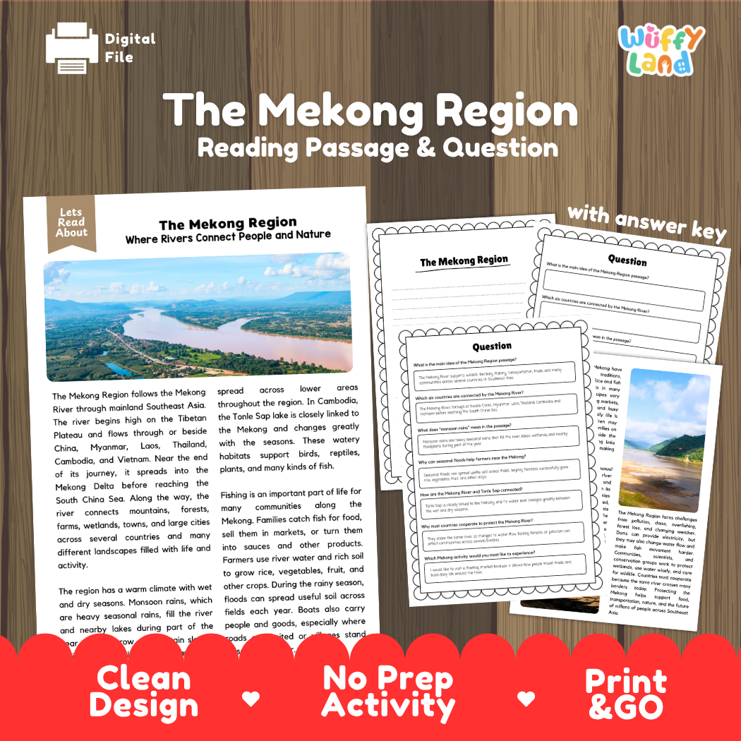 The Mekong Region reading comprehension passage and questions printable activity pack with answer key for elementary students